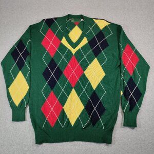 Bobby Jones Sweater Men Large Green Argyle Hickey Freeman Cotton V-Neck Scotland